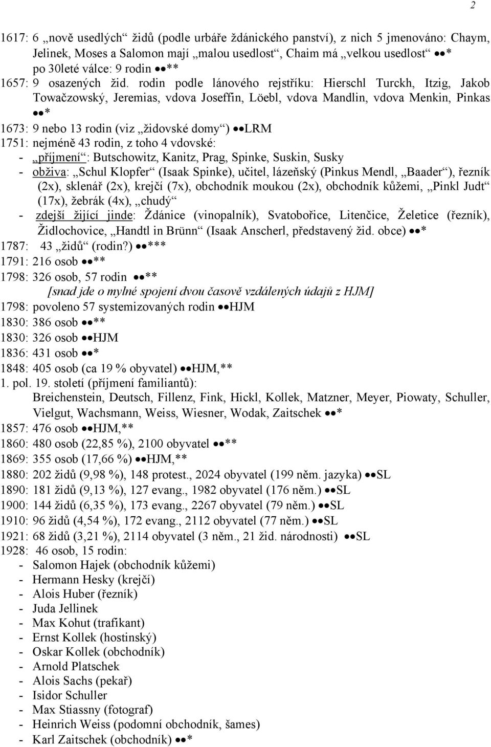 rodin podle lánového rejstříku: Hierschl Turckh, Itzig, Jakob Towačzowský, Jeremias, vdova Joseffin, Löebl, vdova Mandlin, vdova Menkin, Pinkas * 1673: 9 nebo 13 rodin (viz židovské domy ) LRM 1751: