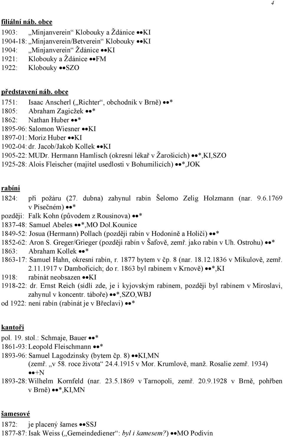 Jacob/Jakob Kollek KI 1905-22: MUDr. Hermann Hamlisch (okresní lékař v Žarošicích) *,KI,SZO 1925-28: Alois Fleischer (majitel usedlosti v Bohumilicích) *,JOK rabíni 1824: při požáru (27.