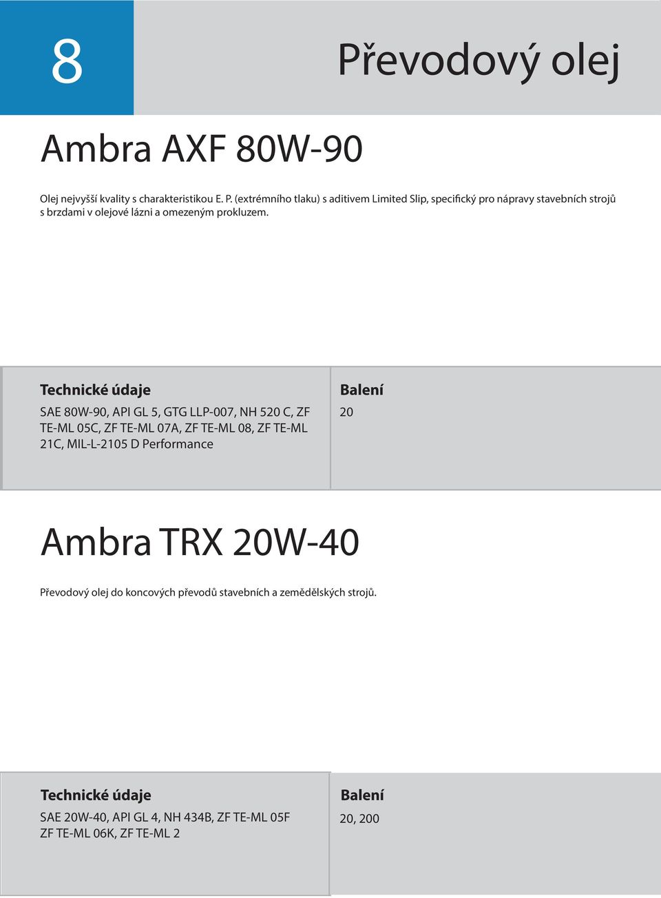 SAE 80W-90, API GL 5, GTG LLP-007, NH 520 C, ZF TE-ML 05C, ZF TE-ML 07A, ZF TE-ML 08, ZF TE-ML 21C, MIL-L-2105 D Performance