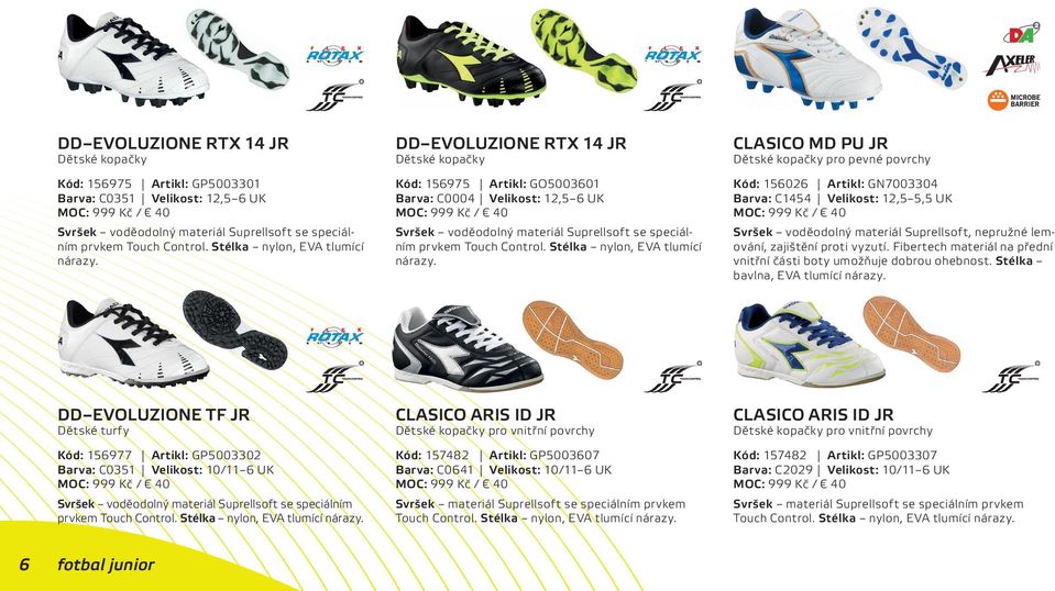 DD EVOLUZIONE RTX 14 JR Dětské kopačky Kód: 156975 Artikl: GO5003601 Barva: C0004 Velikost: 12,5 6 UK MOC: 999 Kč / 40 Svršek voděodolný materiál Suprellsoft se speciálním prvkem Touch Control.