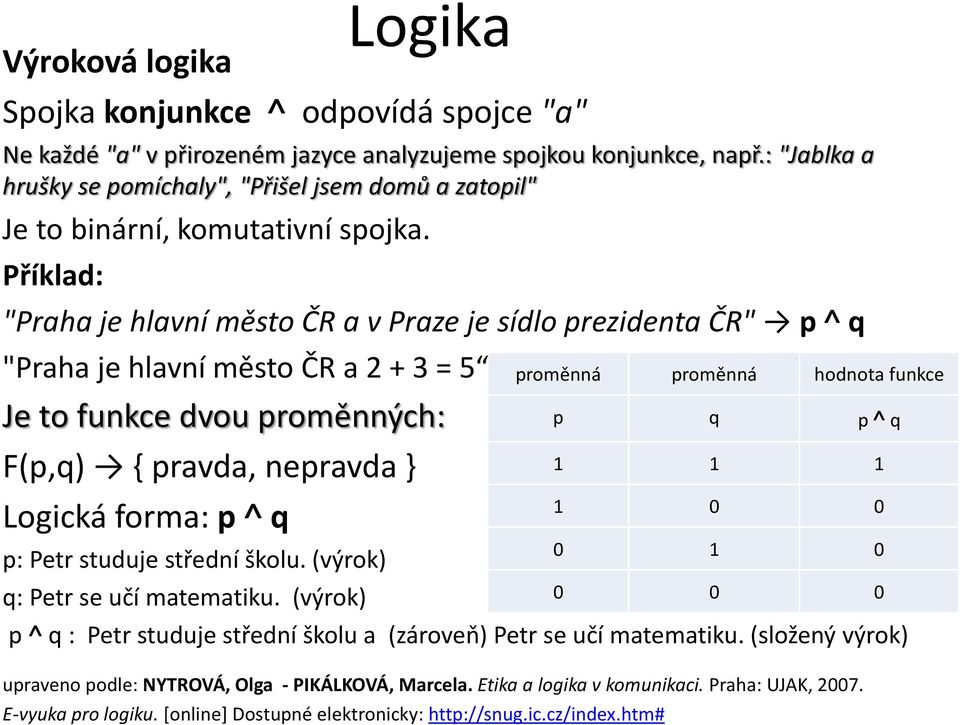 Příklad: "Praha je hlavní město ČR a v Praze je sídlo prezidenta ČR" p q "Praha je hlavní město ČR a 2 + 3 = 5 Je to funkce dvou proměnných: F(p,q) { pravda, nepravda } Logická