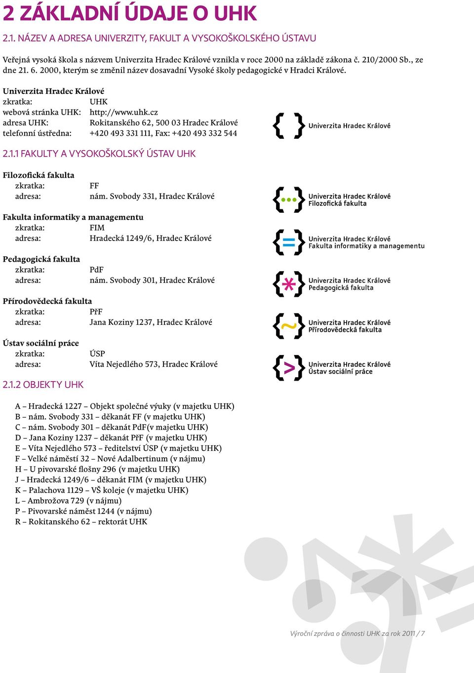 cz adresa UHK: Rokitanského 62, 500 03 Hradec Králové telefonní ústředna: +420 493 331 111, Fax: +420 493 332 544 Univerzita Hradec Králové 2.1.1 Fakulty a vysokoškolský ústav UHK Filozofická fakulta zkratka: adresa: FF nám.