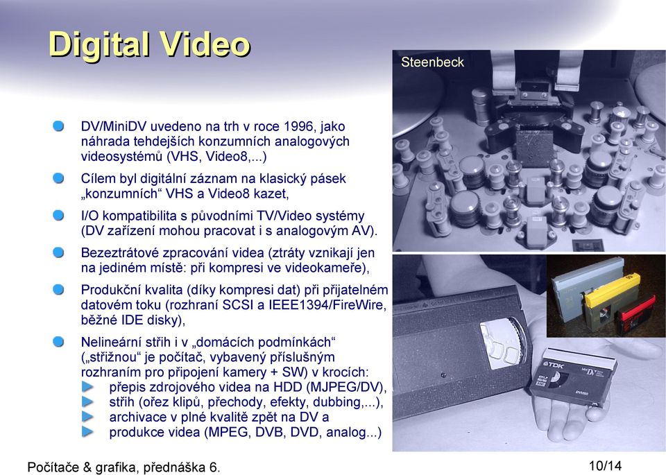Bezeztrátové zpracování videa (ztráty vznikají jen na jediném místě: při kompresi ve videokameře), Produkční kvalita (díky kompresi dat) při přijatelném datovém toku (rozhraní SCSI a