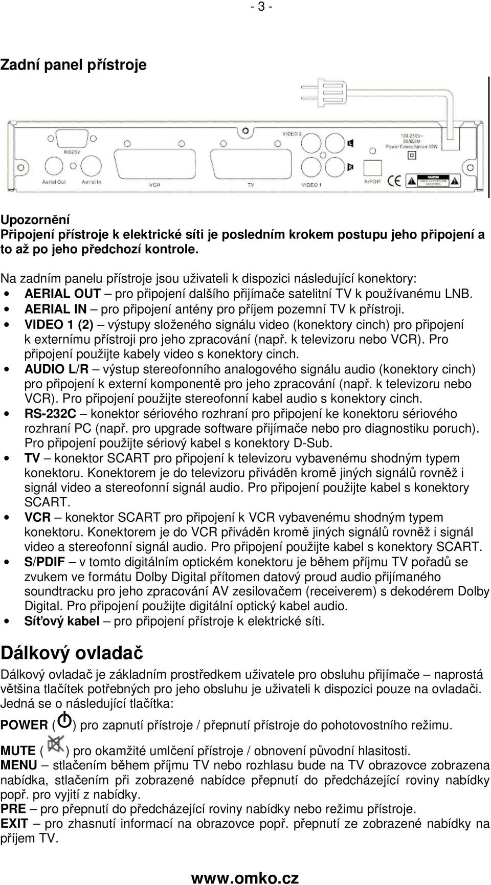 AERIAL IN pro připojení antény pro příjem pozemní TV k přístroji. VIDEO 1 (2) výstupy složeného signálu video (konektory cinch) pro připojení k externímu přístroji pro jeho zpracování (např.