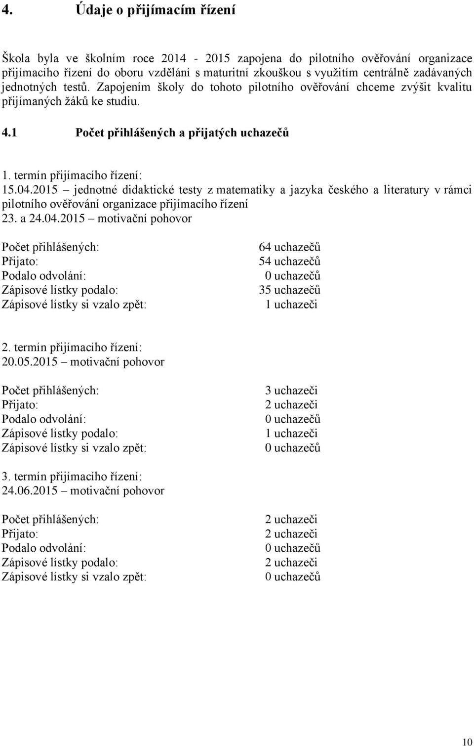 2015 jednotné didaktické testy z matematiky a jazyka českého a literatury v rámci pilotního ověřování organizace přijímacího řízení 23. a 24.04.