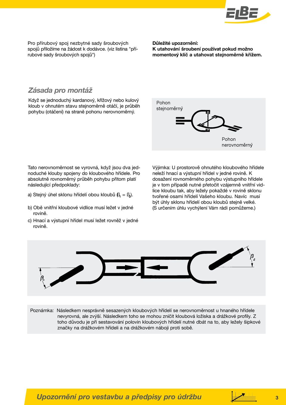 Zásada pro montáž Když se jednoduchý kardanový, křížový nebo kulový kloub v ohnutém stavu stejnoměrně otáčí, je průběh pohybu (otáčení) na straně pohonu nerovnoměrný.