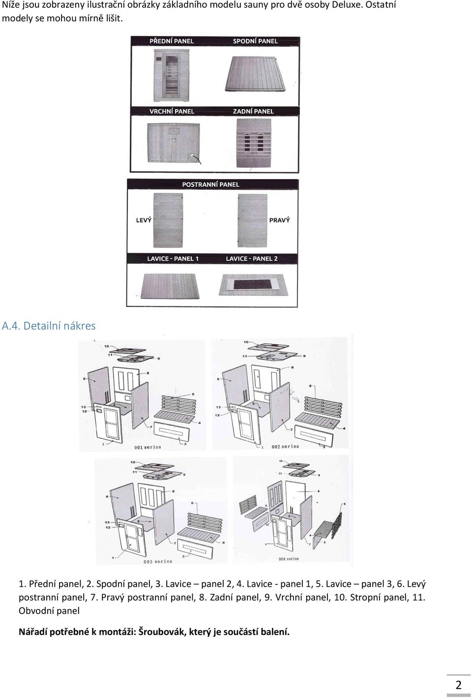 Lavice panel 2, 4. Lavice - panel 1, 5. Lavice panel 3, 6. Levý postranní panel, 7.