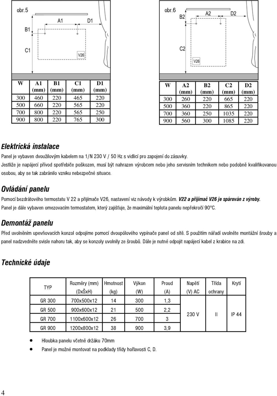 Elektrická instalace Panel je vybaven dvoužilovým kabelem na 1/N 230 V / 50 Hz s vidlicí pro zapojení do zásuvky.