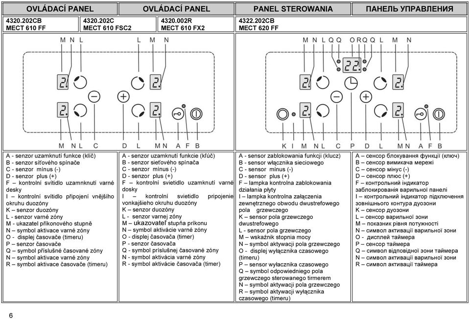 vnějšího okruhu duozóny K senzor duozóny L - senzor varné zóny M - ukazatel příkonového stupně N symbol aktivace varné zóny O - displej časovače (timeru) P senzor časovače Q symbol příslušné časované