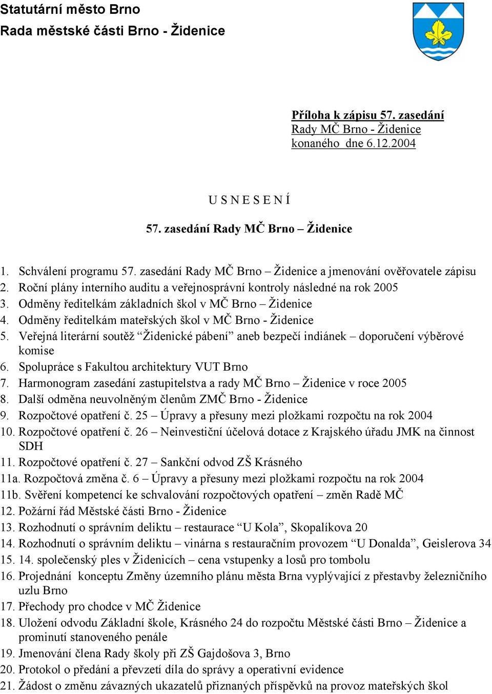 Odměny ředitelkám mateřských škol v MČ Brno - Židenice 5. Veřejná literární soutěž Židenické pábení aneb bezpečí indiánek doporučení výběrové komise 6. Spolupráce s Fakultou architektury VUT Brno 7.