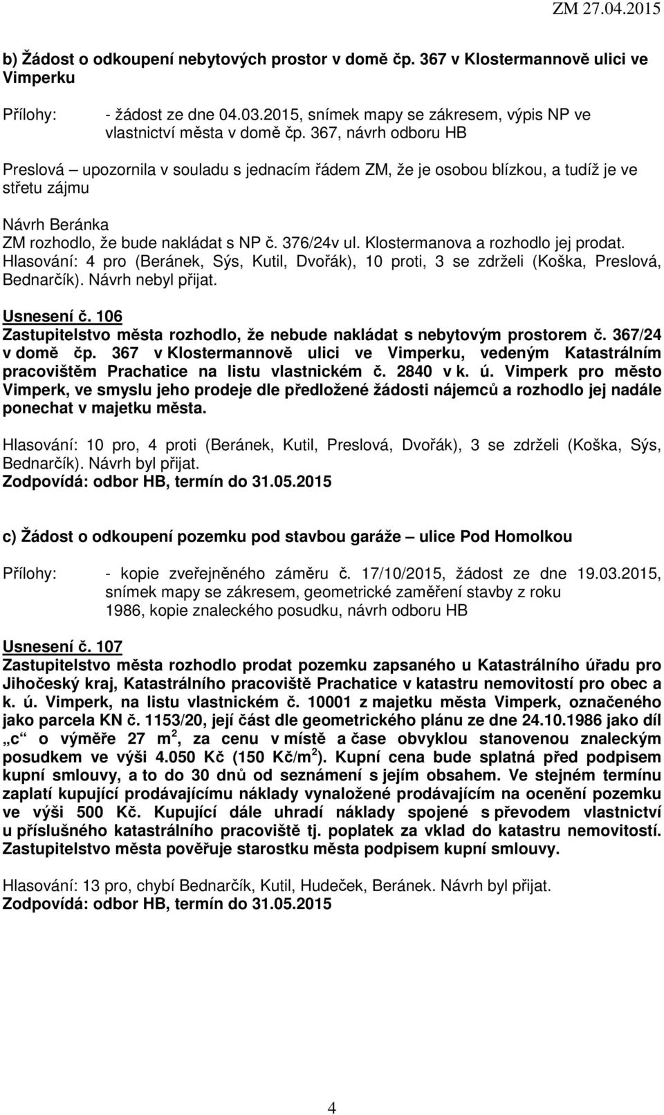 Klostermanova a rozhodlo jej prodat. Hlasování: 4 pro (Beránek, Sýs, Kutil, Dvořák), 10 proti, 3 se zdrželi (Koška, Preslová, Bednarčík). Návrh nebyl přijat. Usnesení č.