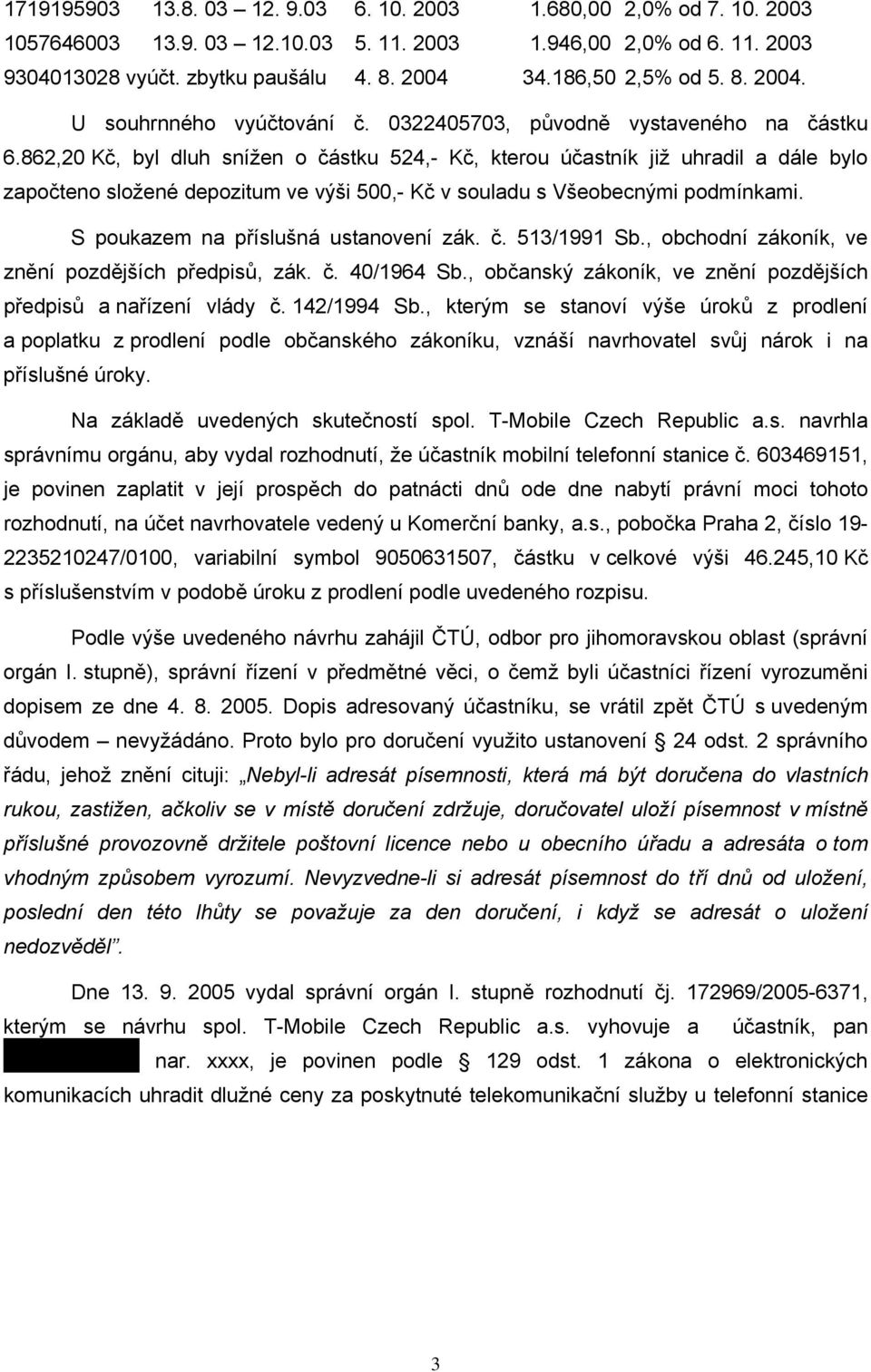 862,20 Kč, byl dluh snížen o částku 524,- Kč, kterou účastník již uhradil a dále bylo započteno složené depozitum ve výši 500,- Kč v souladu s Všeobecnými podmínkami.