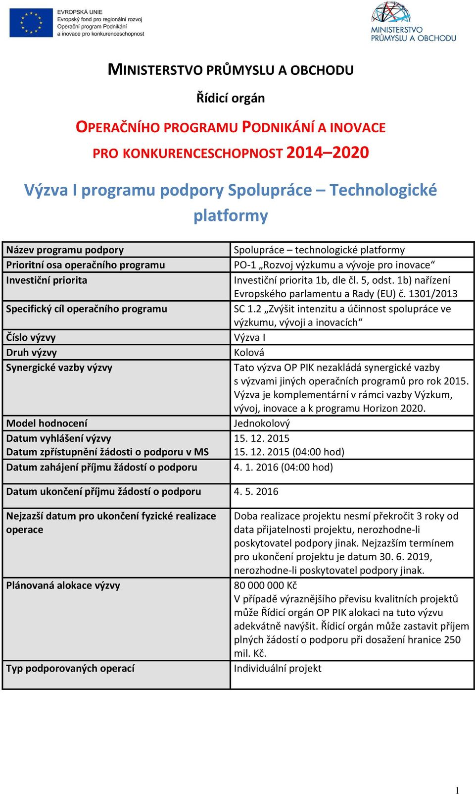 žádosti o podporu v MS Datum zahájení příjmu žádostí o podporu Spolupráce technologické platformy PO-1 Rozvoj výzkumu a vývoje pro inovace Investiční priorita 1b, dle čl. 5, odst.