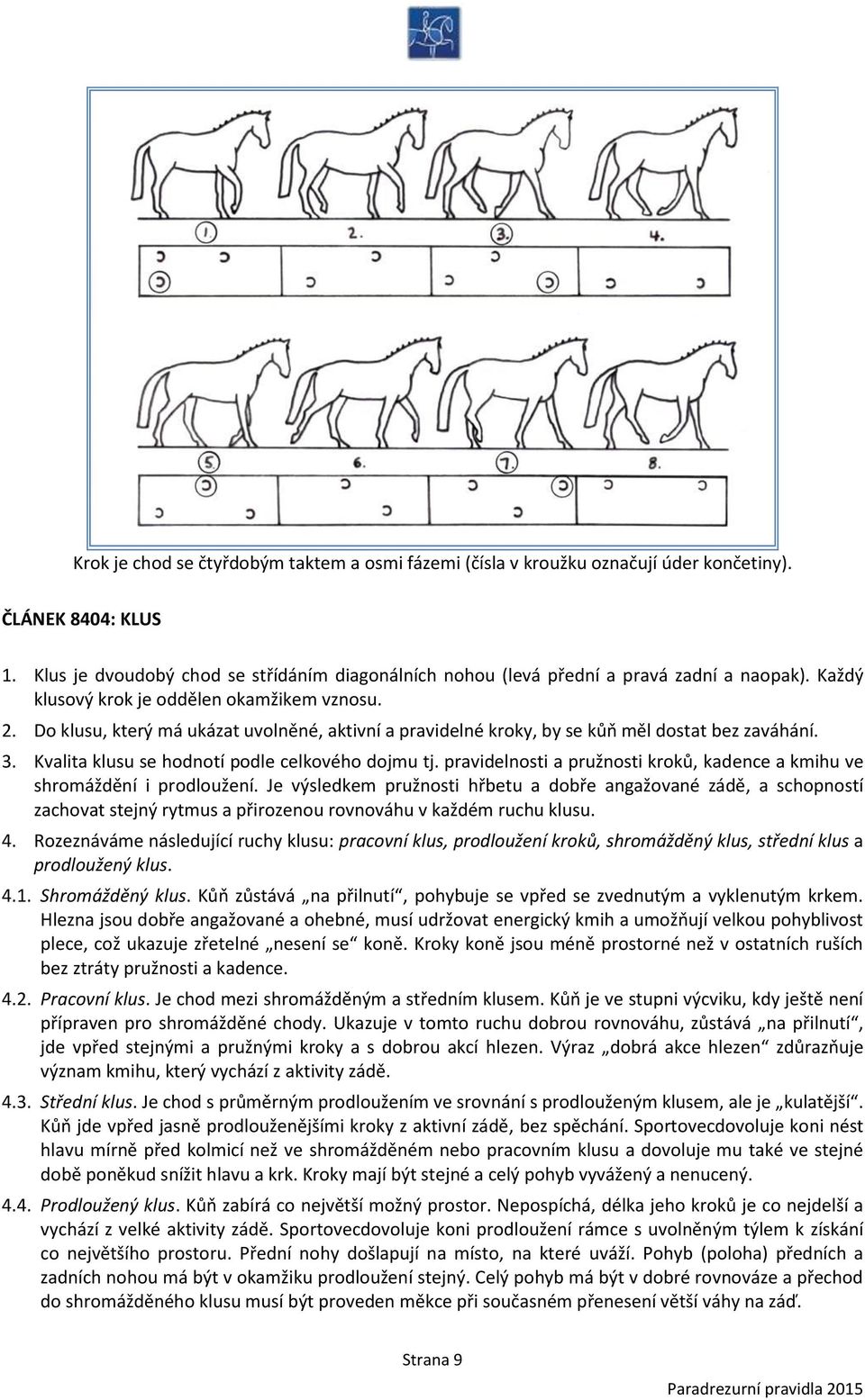 Do klusu, který má ukázat uvolněné, aktivní a pravidelné kroky, by se kůň měl dostat bez zaváhání. 3. Kvalita klusu se hodnotí podle celkového dojmu tj.