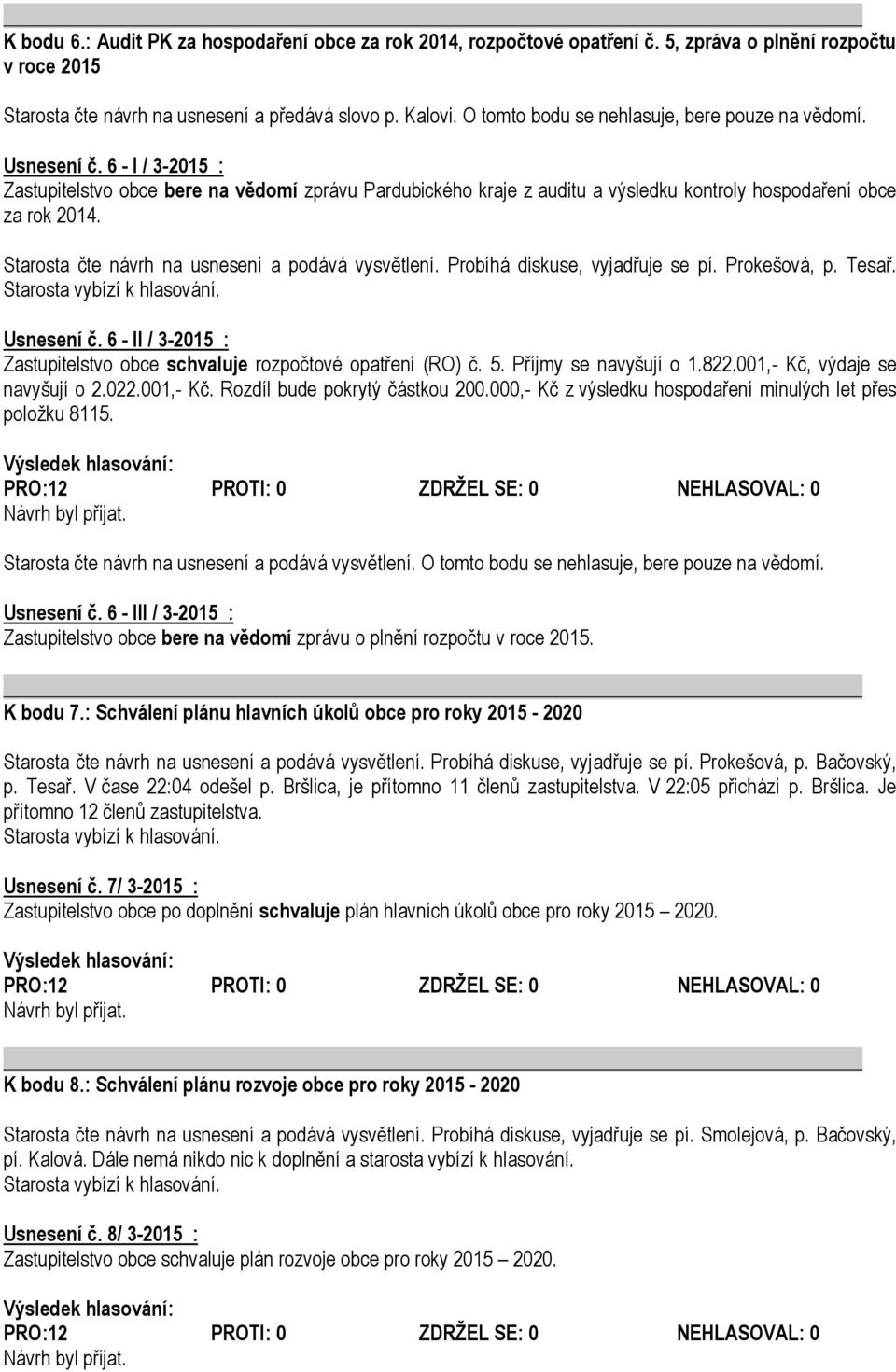 Starosta čte návrh na usnesení a podává vysvětlení. Probíhá diskuse, vyjadřuje se pí. Prokešová, p. Tesař. Starosta vybízí k hlasování. Usnesení č.