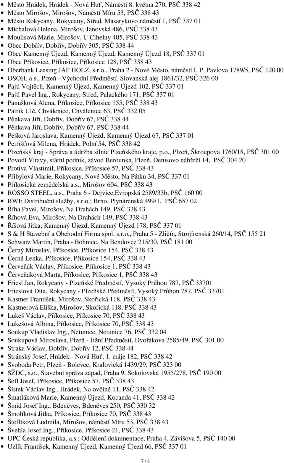 Moulisová Marie, Mirošov, U Cihelny 405, PSČ 338 43 Obec Dobřív, Dobřív, Dobřív 305, PSČ 338 44 Obec Kamenný Újezd, Kamenný Újezd, Kamenný Újezd 18, PSČ 337 01 Obec Příkosice, Příkosice, Příkosice