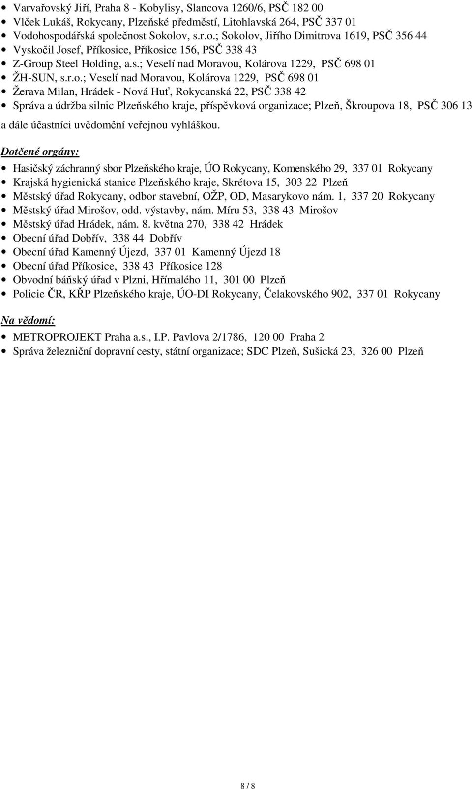 avou, Kolárova 1229, PSČ 698 01 ŽH-SUN, s.r.o.; Veselí nad Moravou, Kolárova 1229, PSČ 698 01 Žerava Milan, Hrádek - Nová Huť, Rokycanská 22, PSČ 338 42 Správa a údržba silnic Plzeňského kraje,