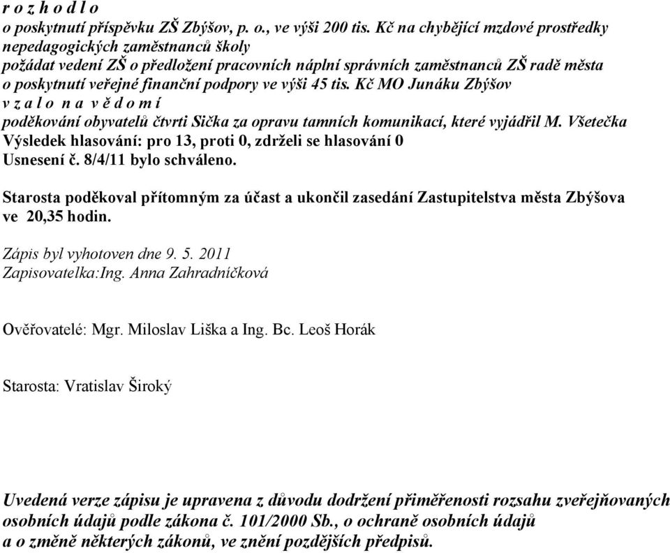 45 tis. Kč MO Junáku Zbýšov v z a l o n a v ě d o m í poděkování obyvatelů čtvrti Sička za opravu tamních komunikací, které vyjádřil M.