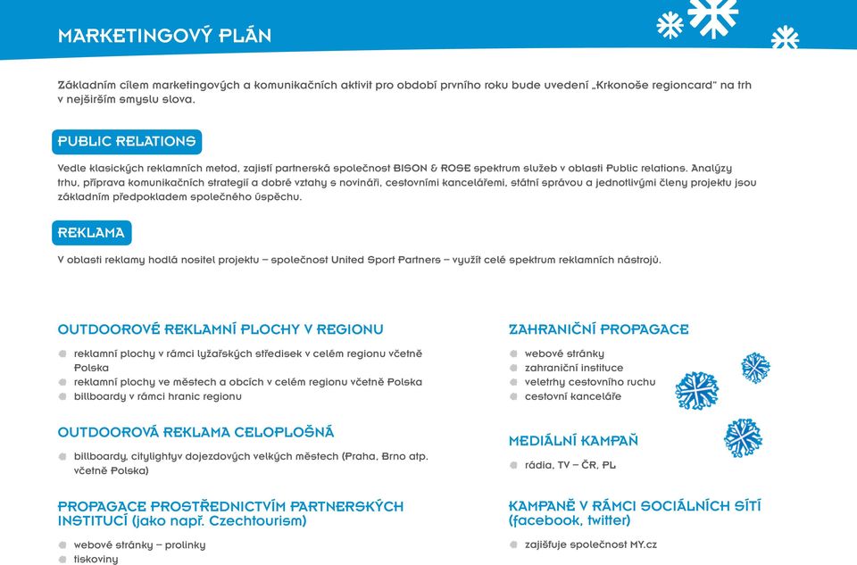 Analýzy trhu, příprava komunikačních strategií a dobré vztahy s novináři, cestovními kancelářemi, státní správou a jednotlivými členy projektu jsou základním předpokladem společného úspěchu.