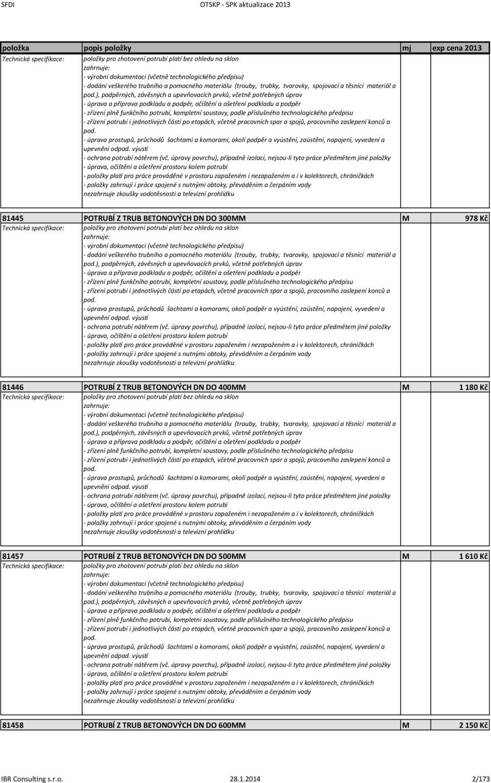 1 180 Kč ), podpěrných, závěsných a upevňovacích prvků, včetně potřebných úprav 81457 POTRUBÍ Z TRUB BETONOVÝCH DN DO 500MM M 1 610 Kč ),
