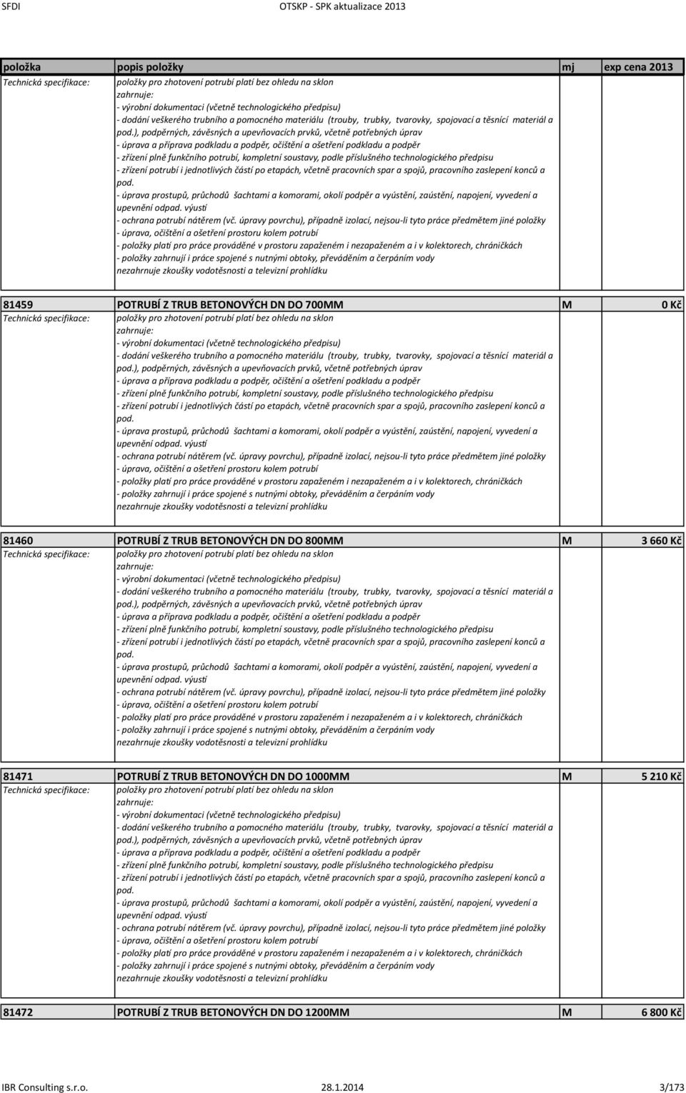 660 Kč ), podpěrných, závěsných a upevňovacích prvků, včetně potřebných úprav 81471 POTRUBÍ Z TRUB BETONOVÝCH DN DO 1000MM M 5 210 Kč ), podpěrných,