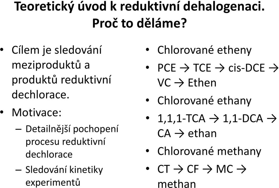 Motivace: Detailnější pochopení procesu reduktivní dechlorace Sledování kinetiky