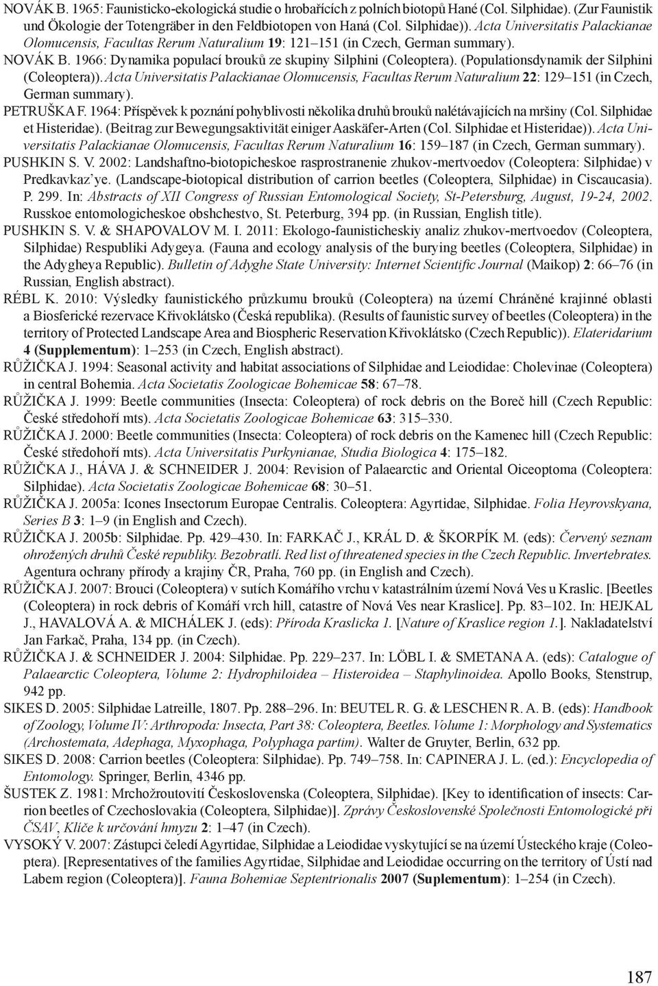 (Populationsdynamik der Silphini (Coleoptera)). Acta Universitatis Palackianae Olomucensis, Facultas Rerum Naturalium 22: 129 151 (in Czech, German summary). Petruška F.