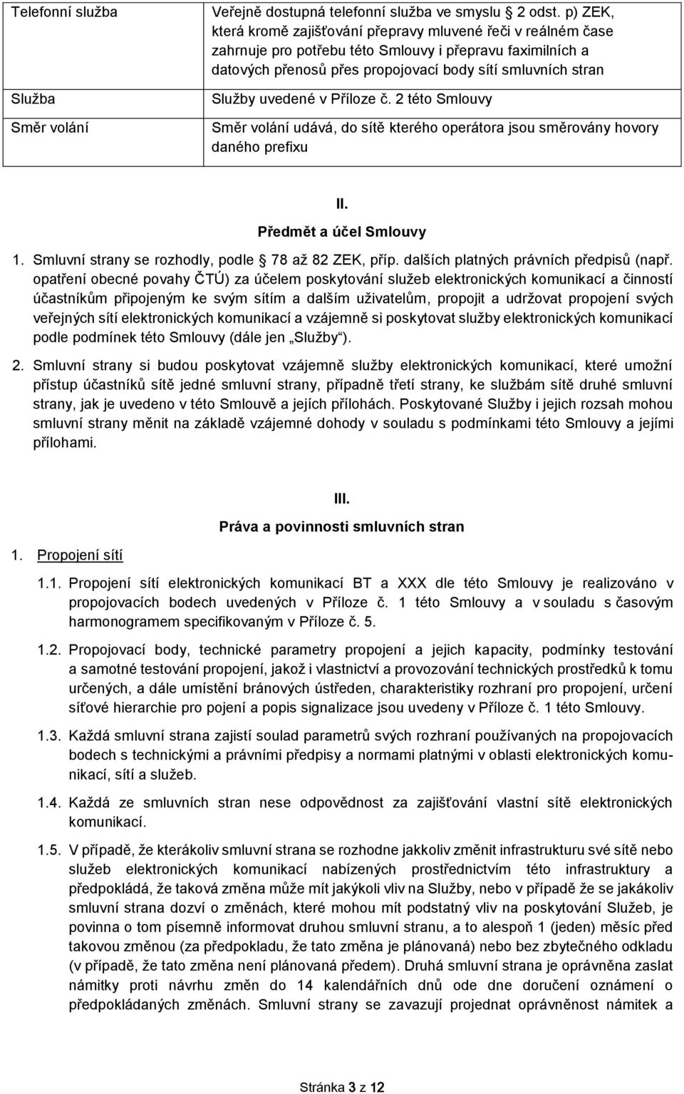 uvedené v Příloze č. 2 této Smlouvy Směr volání udává, do sítě kterého operátora jsou směrovány hovory daného prefixu II. Předmět a účel Smlouvy 1.