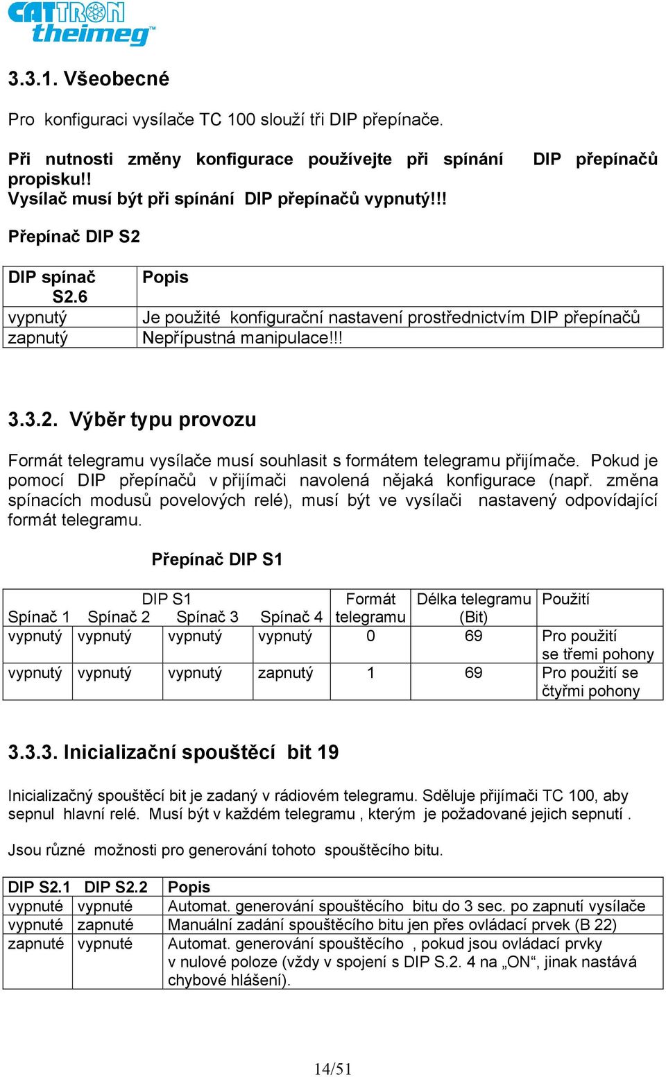 Pokud je pomocí DIP přepínačů v přijímači navolená nějaká konfigurace (např. změna spínacích modusů povelových relé), musí být ve vysílači nastavený odpovídající formát telegramu.