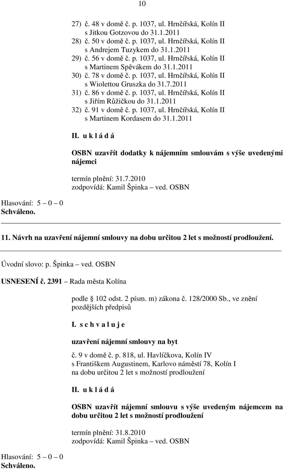 1.2011 OSBN uzavřít dodatky k nájemním smlouvám s výše uvedenými nájemci termín plnění: 31.7.2010 zodpovídá: Kamil Špinka ved. OSBN 11.