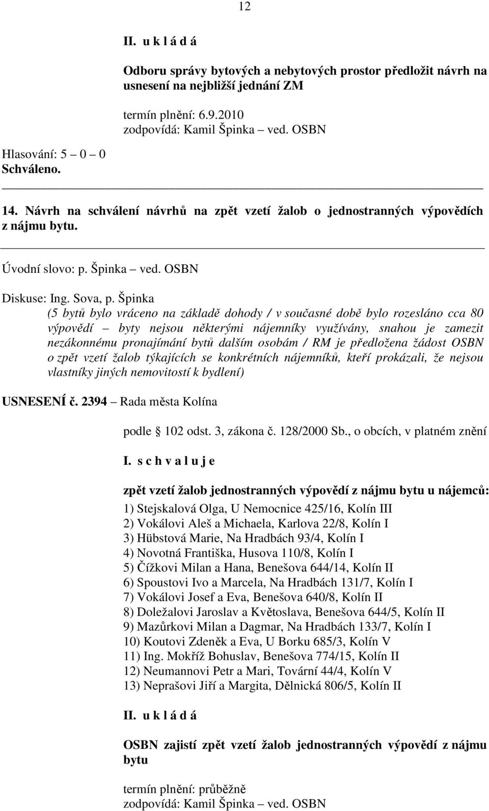 Špinka (5 bytů bylo vráceno na základě dohody / v současné době bylo rozesláno cca 80 výpovědí byty nejsou některými nájemníky využívány, snahou je zamezit nezákonnému pronajímání bytů dalším osobám