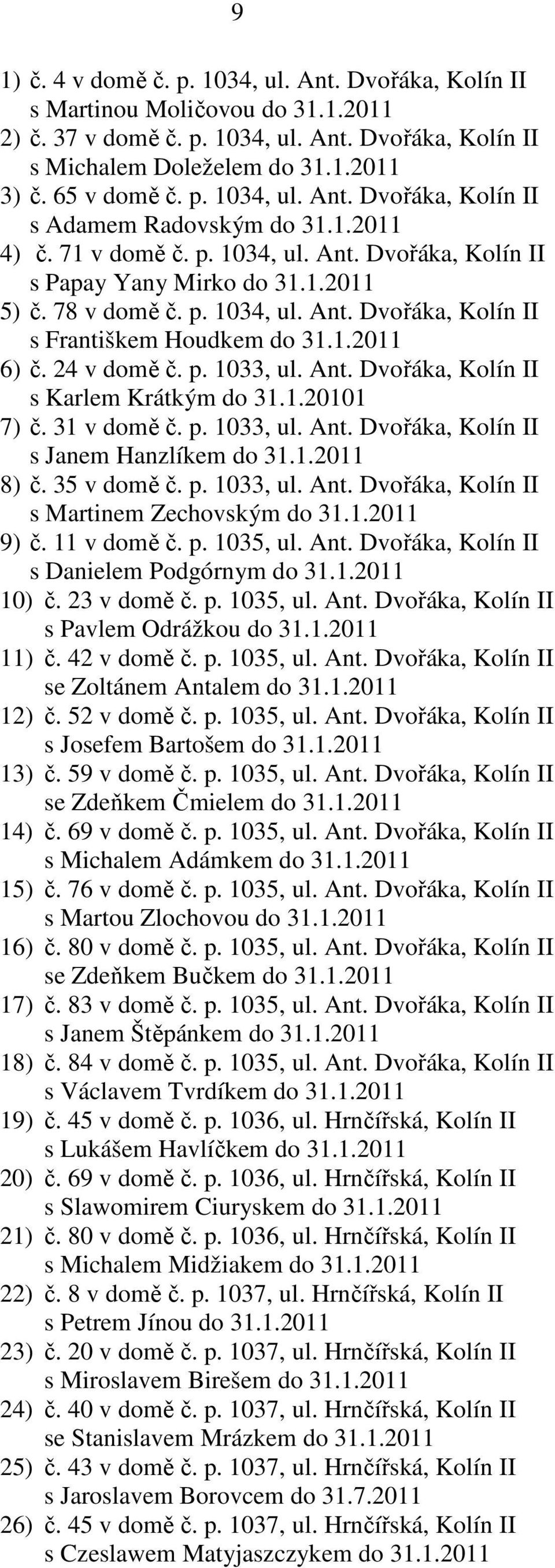 24 v domě č. p. 1033, ul. Ant. Dvořáka, Kolín II s Karlem Krátkým do 31.1.20101 7) č. 31 v domě č. p. 1033, ul. Ant. Dvořáka, Kolín II s Janem Hanzlíkem do 31.1.2011 8) č. 35 v domě č. p. 1033, ul. Ant. Dvořáka, Kolín II s Martinem Zechovským do 31.