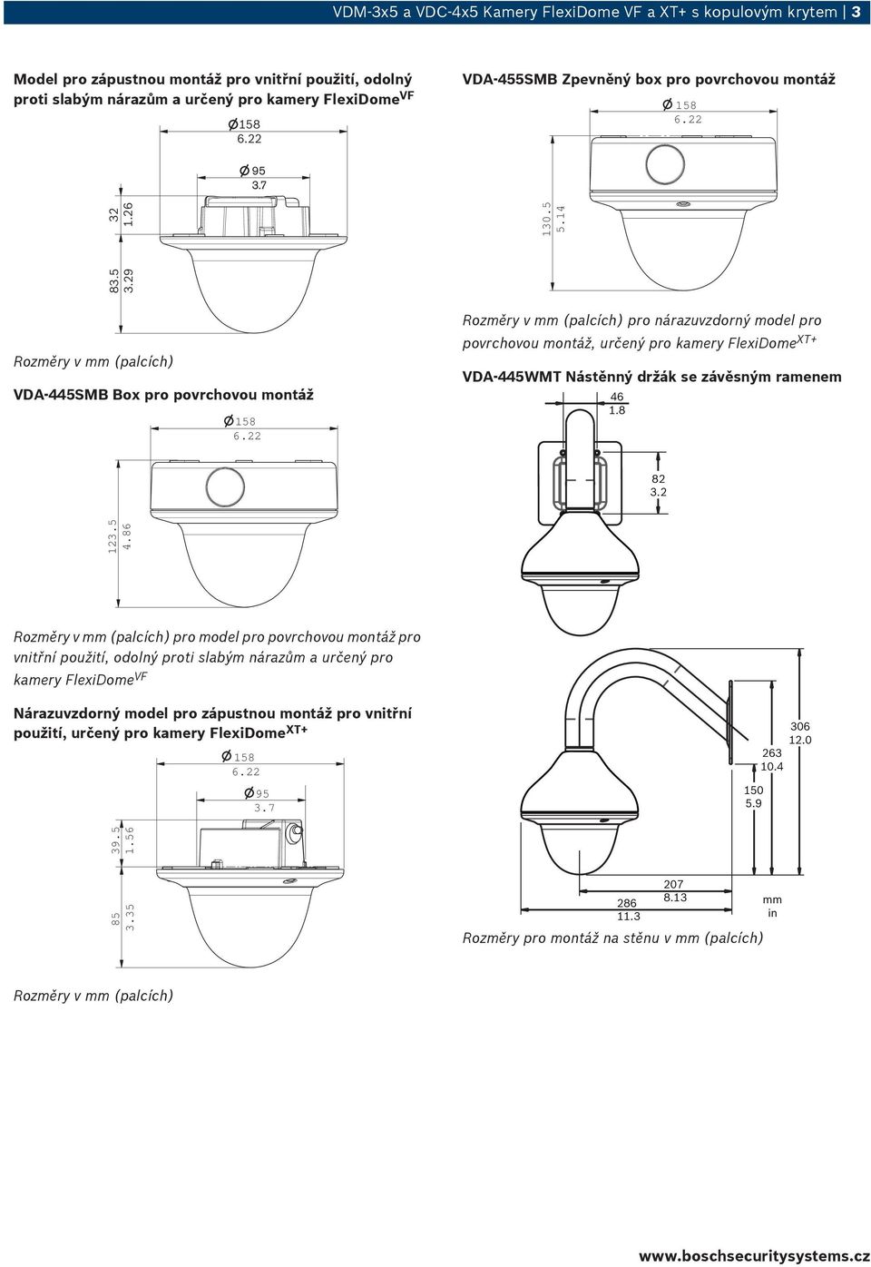 86 Rozměry v mm (palcích) pro model pro pro vnitřní, odolný proti slabým nárazům a určený pro kamery FlexiDome VF Nárazuvzdorný model pro zápustnou montáž pro vnitřní, určený pro kamery FlexiDome