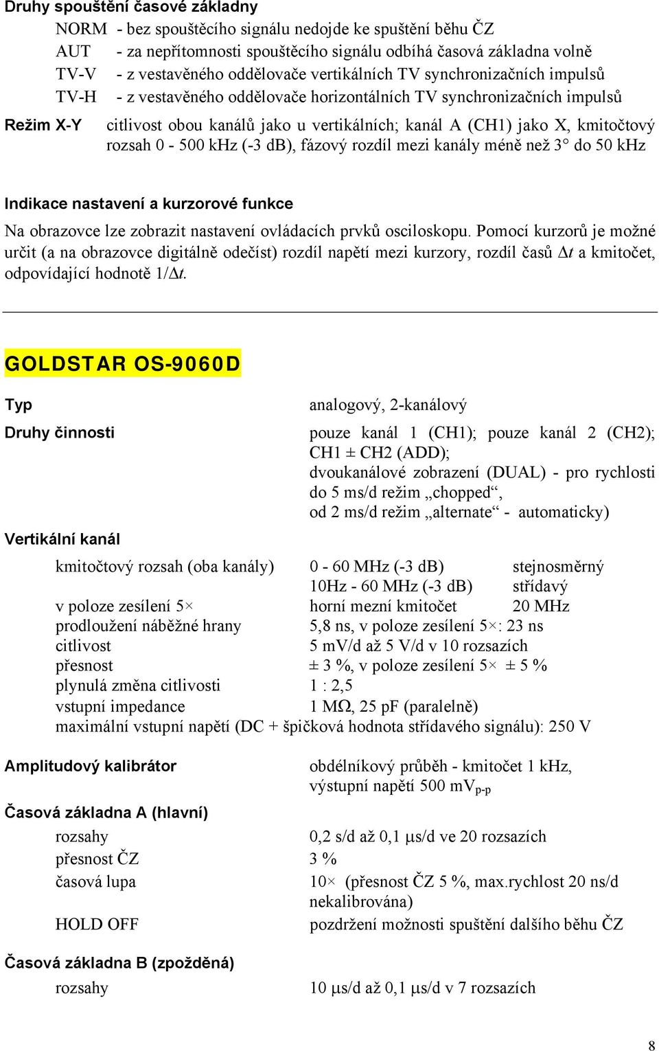 (-3 db), fázový rozdíl mezi kanály méně než 3 do 50 khz Indikace nastavení a krzorové fnkce Na obrazovce lze zobrazit nastavení ovládacích prvků osciloskop.