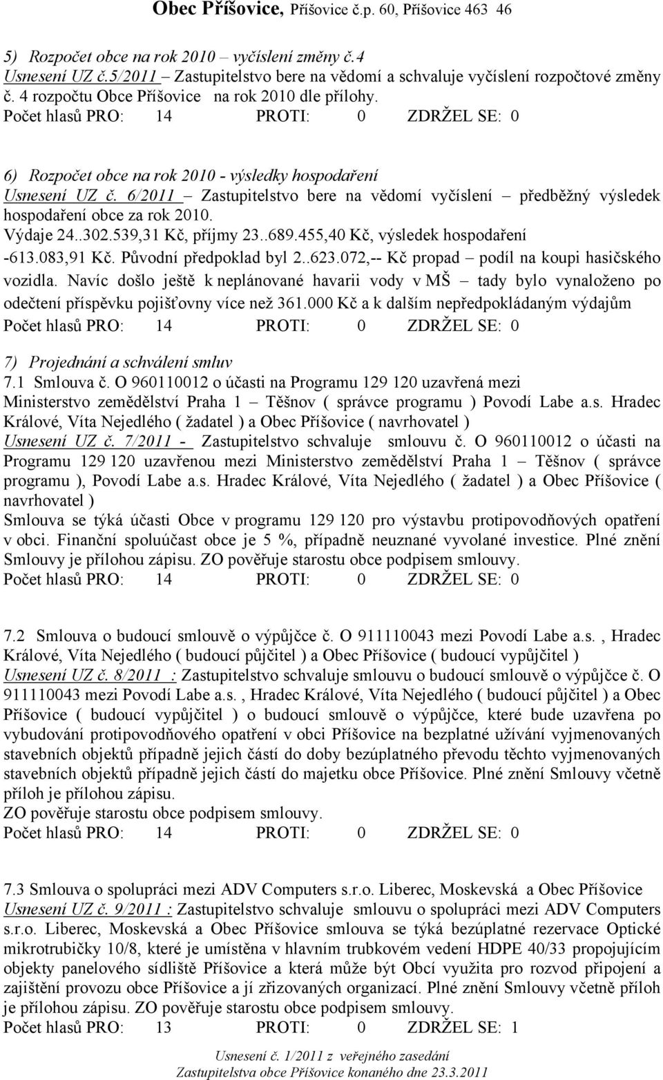 .689.455,40 Kč, výsledek hospodaření -613.083,91 Kč. Původní předpoklad byl 2..623.072,-- Kč propad podíl na koupi hasičského vozidla.