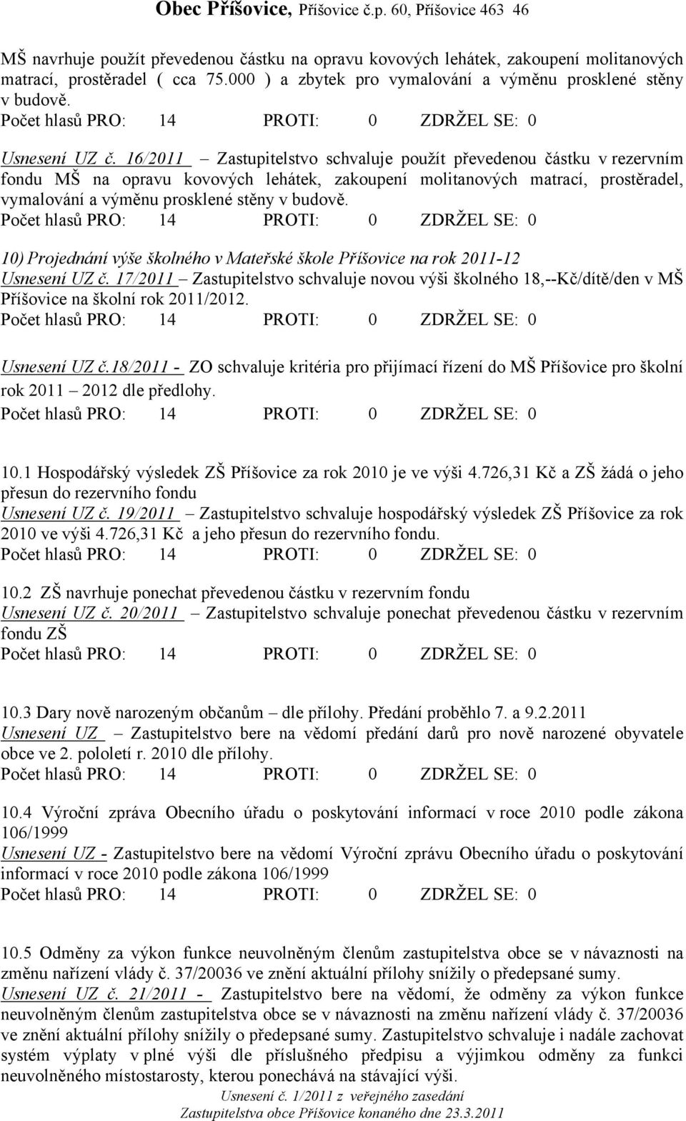 10) Projednání výše školného v Mateřské škole Příšovice na rok 2011-12 Usnesení UZ č. 17/2011 Zastupitelstvo schvaluje novou výši školného 18,--Kč/dítě/den v MŠ Příšovice na školní rok 2011/2012.