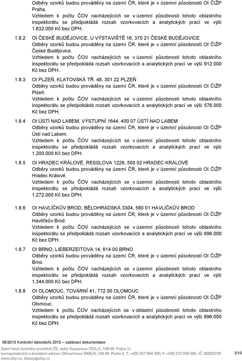 inspektorátu se předpokládá rozsah vzorkovacích a analytických prací ve výši 576.000 1.8.4 OI ÚSTÍ NAD LABEM, VÝSTUPNÍ 1644, 400 07 ÚSTÍ NAD LABEM Ústí nad Labem.