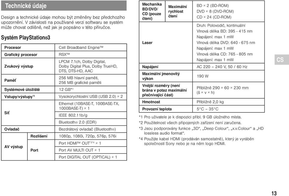 1ch, Dolby Digital, Zvukový výstup Dolby Digital Plus, Dolby TrueHD, DTS, DTS-HD, AAC 256 MB hlavní paměti, Paměť 256 MB grafické paměti Systémové úložiště 12 GB* 1 Vstupy/výstupy *2 Vysokorychlostní