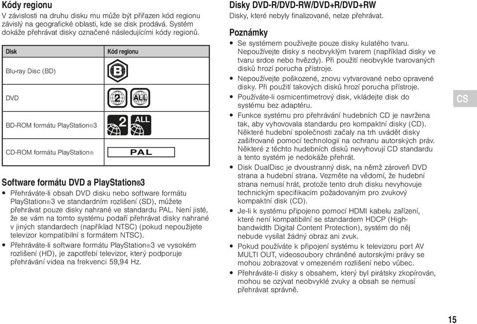 PlayStation 3 ve standardním rozlišení (SD), můžete přehrávat pouze disky nahrané ve standardu PAL.