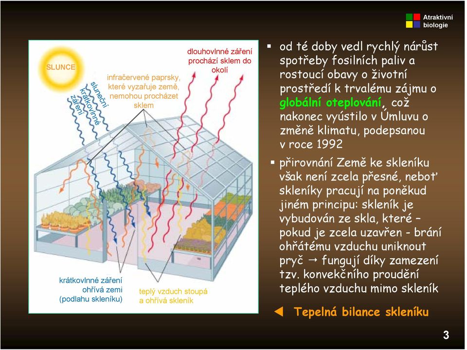 globální oteplování, což nakonec vyústilo v Úmluvu o změně klimatu, podepsanou v roce 1992 přirovnání Země ke skleníku však není zcela přesné, neboť skleníky pracují na poněkud jiném