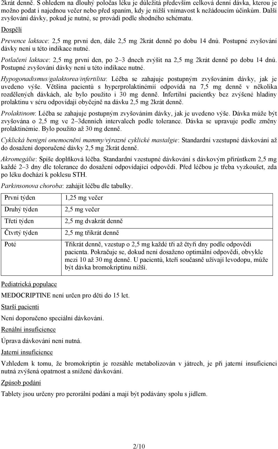 Postupné zvyšování dávky není u této indikace nutné. Potlačení laktace: 2,5 mg první den, po 2 3 dnech zvýšit na 2,5 mg 2krát denně po dobu 14 dnů. Postupné zvyšování dávky není u této indikace nutné.