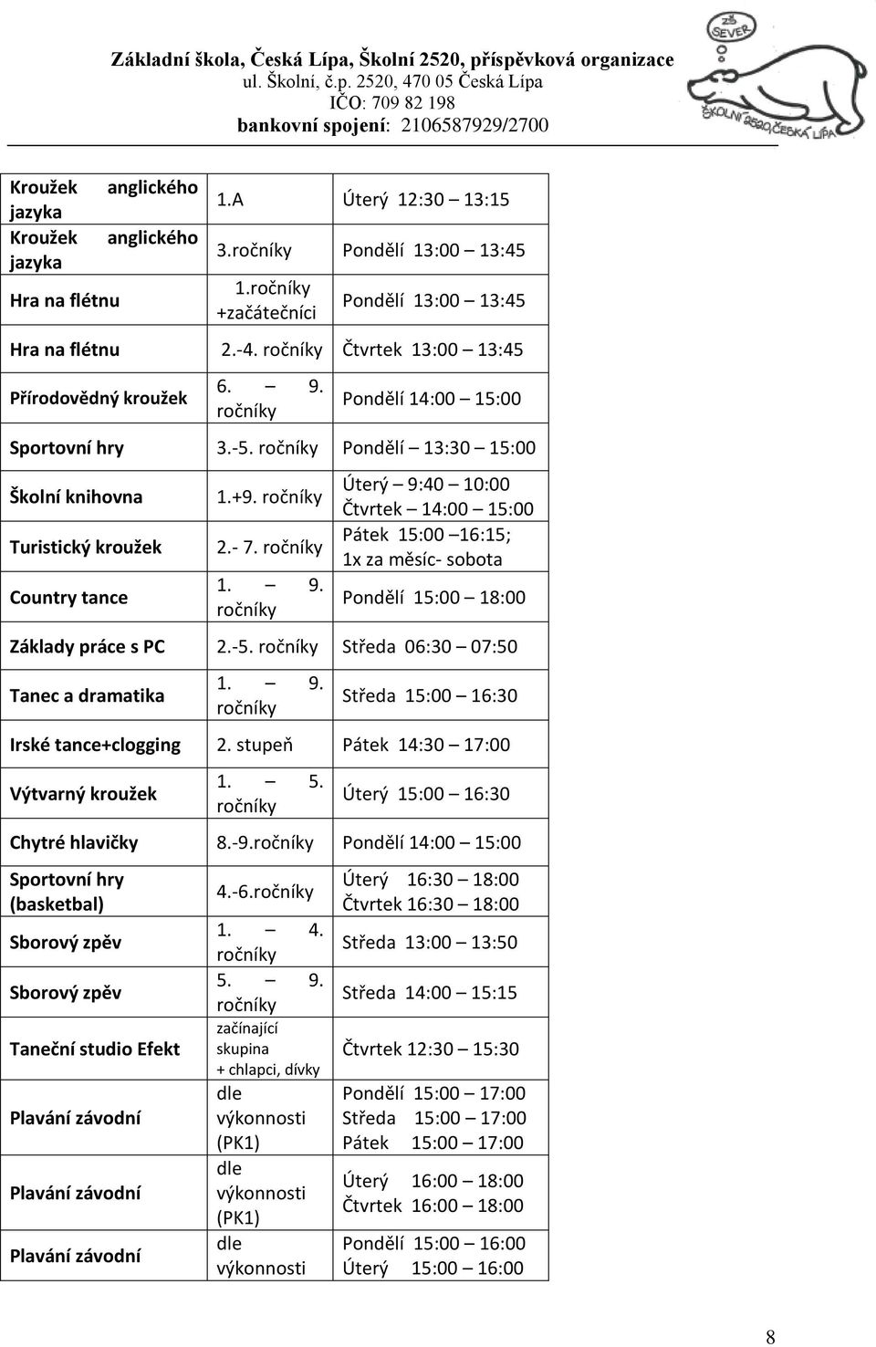 ročníky 1. 9. ročníky Úterý 9:40 10:00 Čtvrtek 14:00 15:00 Pátek 15:00 16:15; 1x za měsíc- sobota Pondělí 15:00 18:00 Základy práce s PC 2.-5. ročníky Středa 06:30 07:50 Tanec a dramatika 1. 9. ročníky Středa 15:00 16:30 Irské tance+clogging 2.