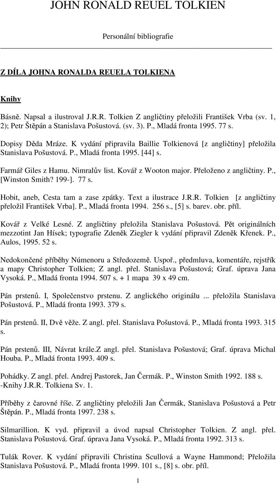 Farmář Giles z Hamu. Nimralův list. Kovář z Wooton major. Přeloženo z angličtiny. P., [Winston Smith? 199-]. 77 s. Hobit, aneb, Cesta tam a zase zpátky. Text a ilustrace J.R.