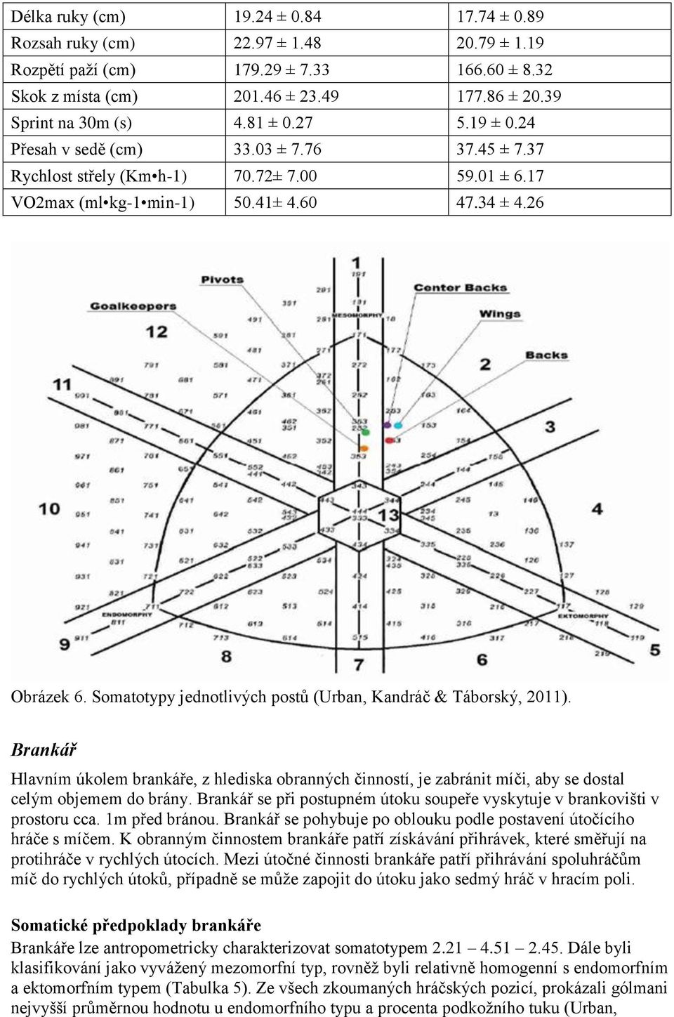 Somatotypy jednotlivých postů (Urban, Kandráč & Táborský, 2011). Brankář Hlavním úkolem brankáře, z hlediska obranných činností, je zabránit míči, aby se dostal celým objemem do brány.