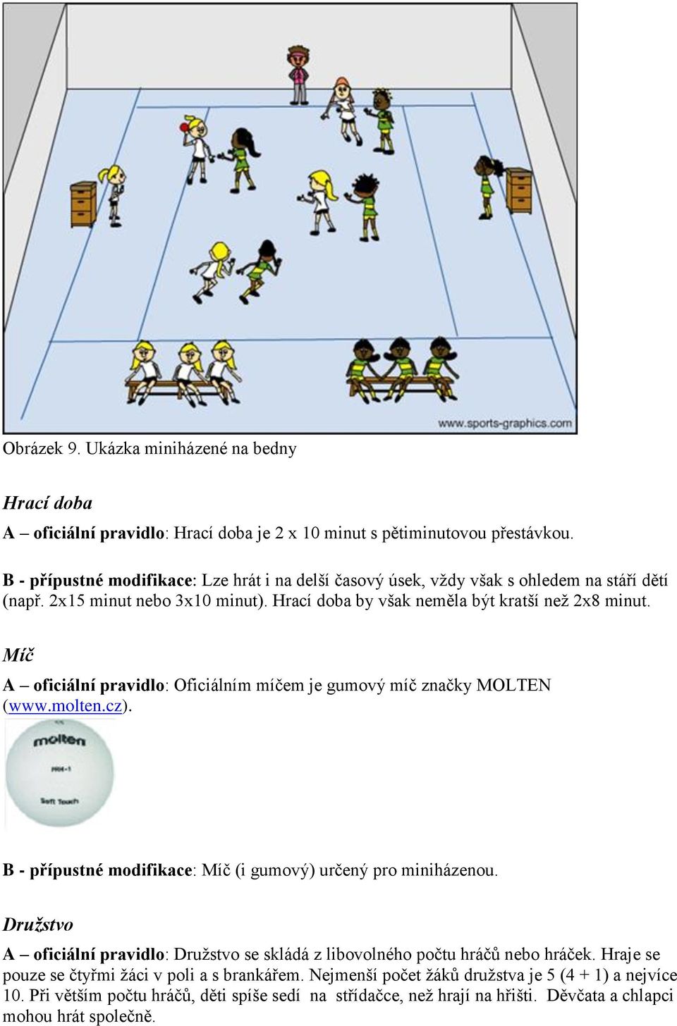 Míč A oficiální pravidlo: Oficiálním míčem je gumový míč značky MOLTEN (www.molten.cz). B - přípustné modifikace: Míč (i gumový) určený pro miniházenou.