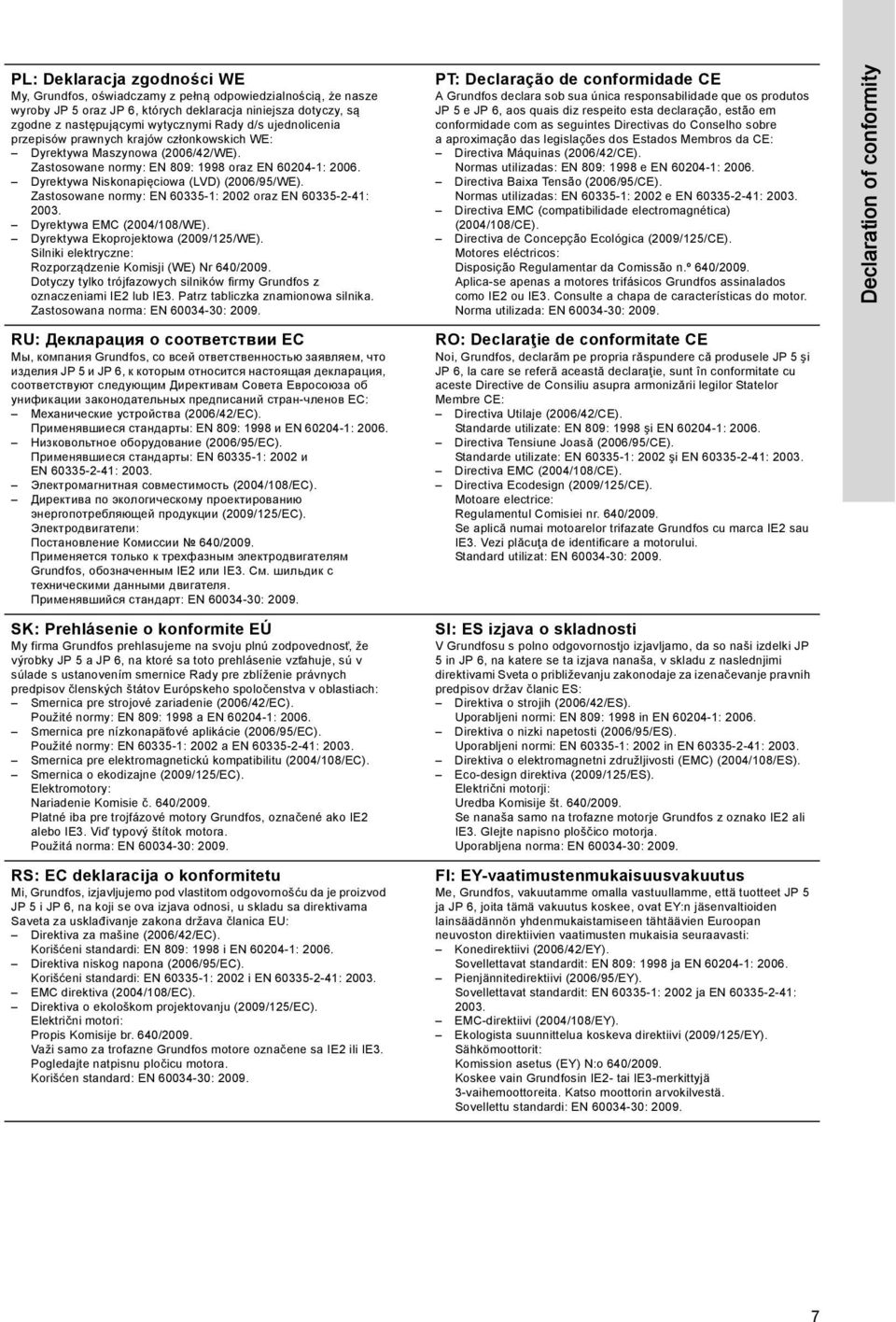 Zastosowane normy: EN 60335-1: 2002 oraz EN 60335-2-41: 2003. Dyrektywa EMC (2004/108/WE). Dyrektywa Ekoprojektowa (2009/125/WE). Silniki elektryczne: Rozporządzenie Komisji (WE) Nr 640/2009.