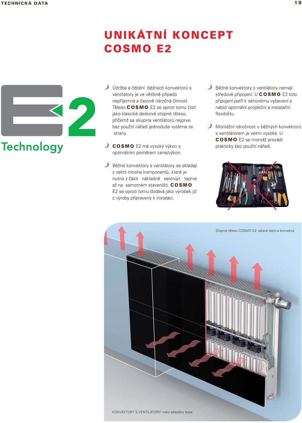 COSMO E2 má vysoký výkon s optimálním poměrem cena/výkon. Běžné konvektory s ventilátory nemají středové připojení.
