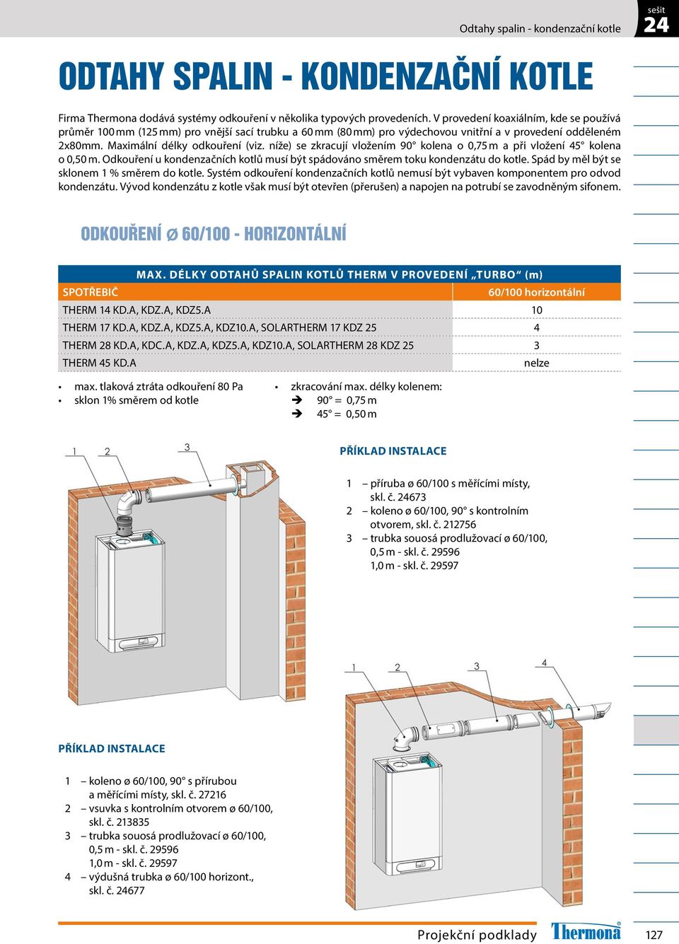 níže) se zkracují vložením 90 kolena o 0,7 m a při vložení 4 kolena o 0,0 m. Odkouření u kondenzačních kotlů musí být spádováno směrem toku kondenzátu do kotle.