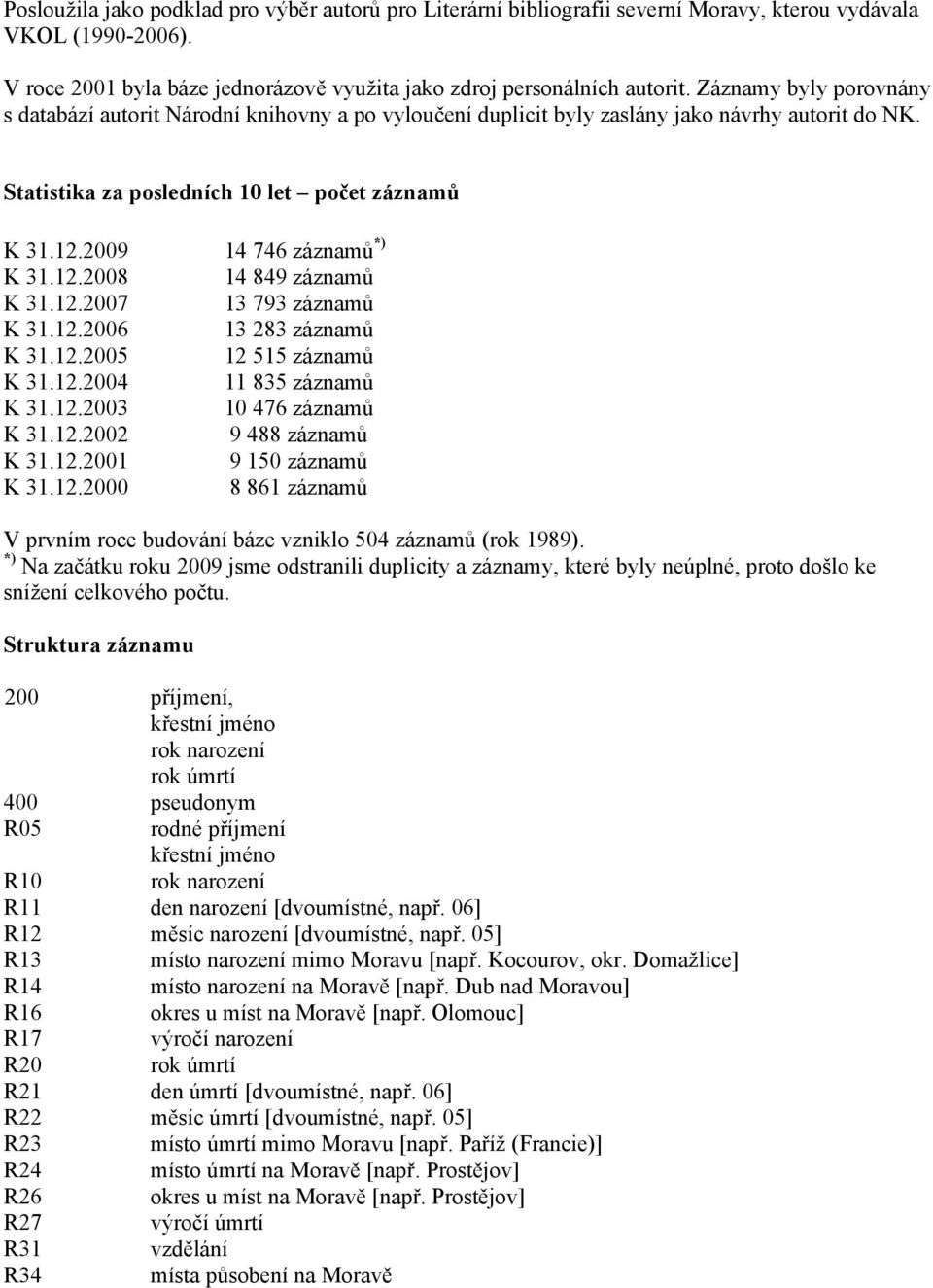 2009 14 746 záznamů *) K 31.12.2008 14 849 záznamů K 31.12.2007 13 793 záznamů K 31.12.2006 13 283 záznamů K 31.12.2005 12 515 záznamů K 31.12.2004 11 835 záznamů K 31.12.2003 10 476 záznamů K 31.12.2002 9 488 záznamů K 31.