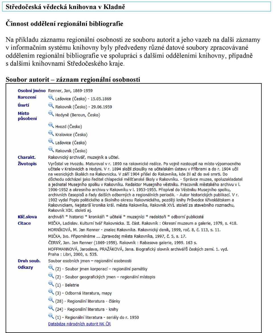 předvedeny různé datové soubory zpracovávané oddělením regionální bibliografie ve spolupráci s dalšími